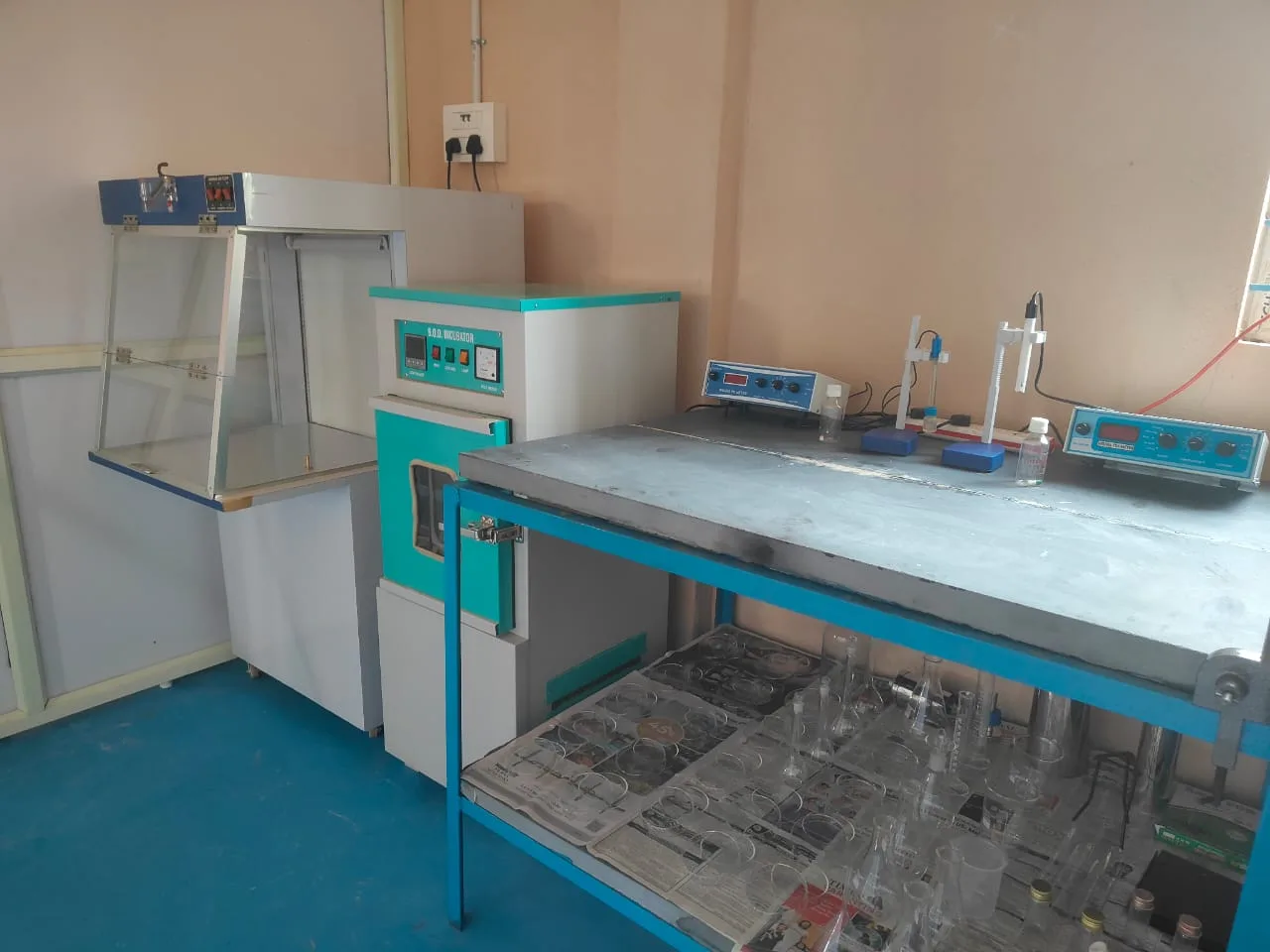 Water testing laboratory with laminar airflow cabinet, BOD incubator and pH/TDS meters